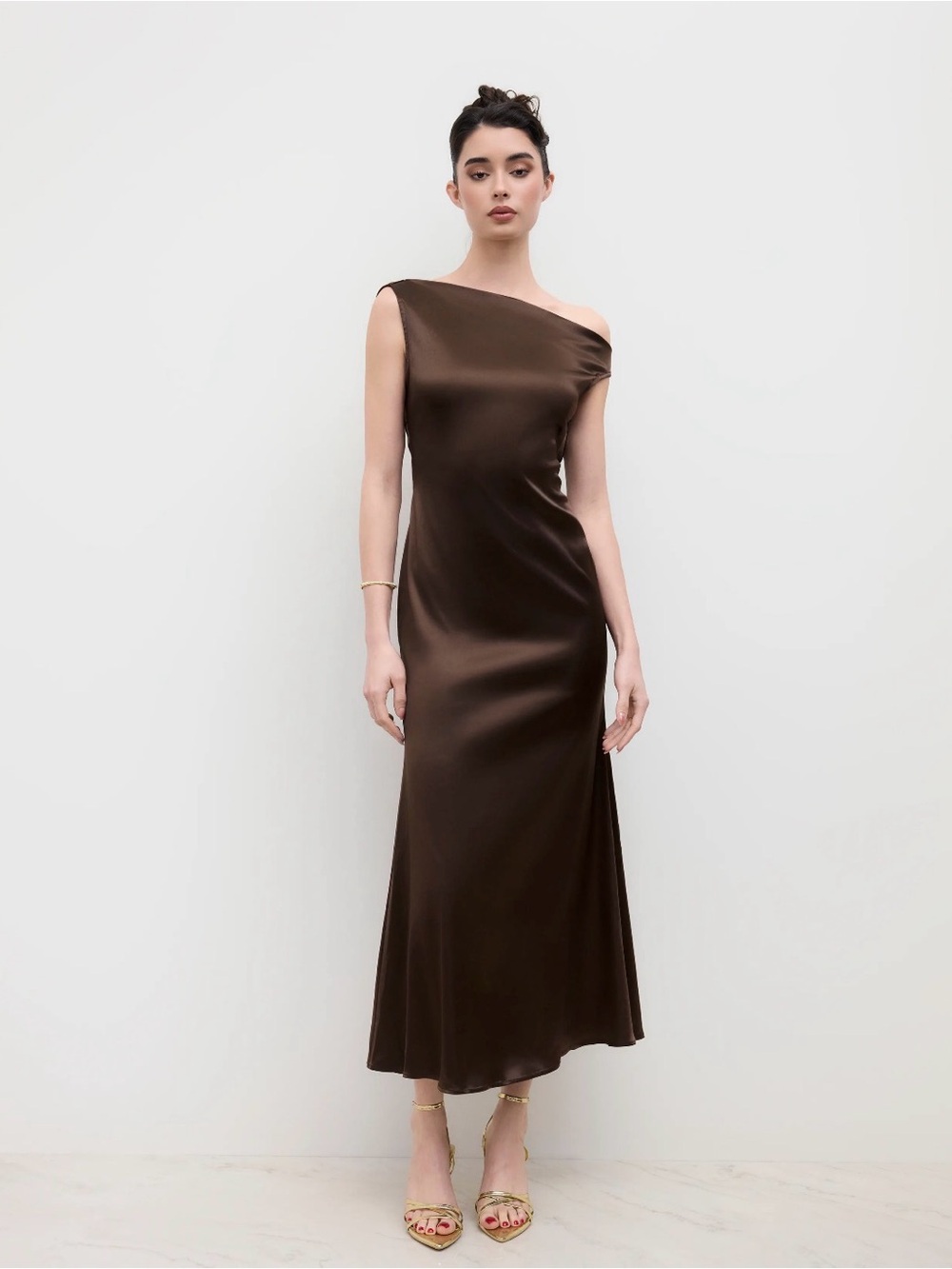 Cider One-Shoulder Satin Maxi Dress in Brown